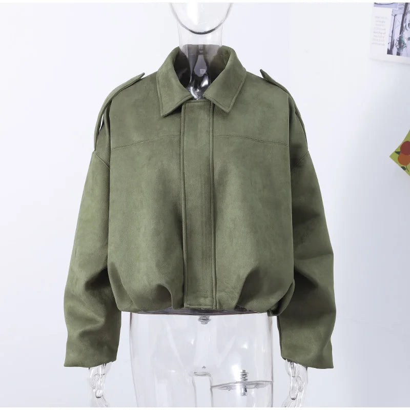 Giacche Eleganti in Camoscio Verde con Lacci per Donne, Modello Ampio con Colletto Alto, Cintura, Maniche Lunghe e Bottoni, Cappotti Autunno Inverno 2026 per Signore