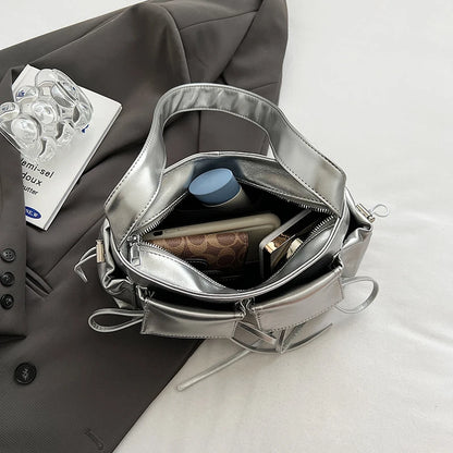 LEFTSIDE Borse a tracolla in pelle PU con design a doppia tasca per donna 2025 Borsa a tracolla di nuova tendenza della moda Borse da donna in argento