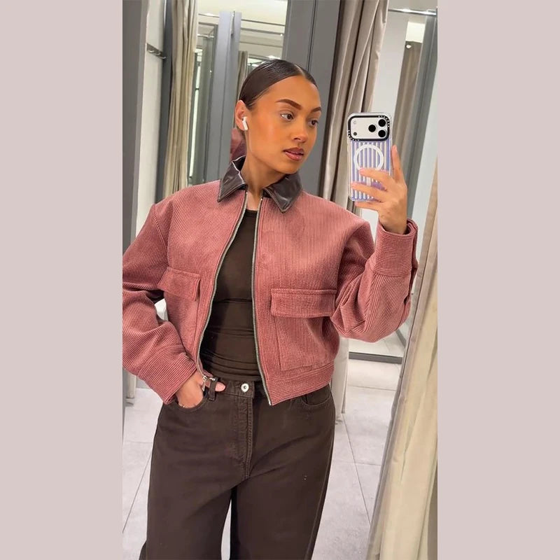 Giacca Bomber da Donna in Finta Pelle Scamosciata, Collo Alto, Chiusura a Zip, Spalle Cadenti, Orlo Elastico, Abbigliamento Casual Autunnale, Cappotto alla Moda 2026
