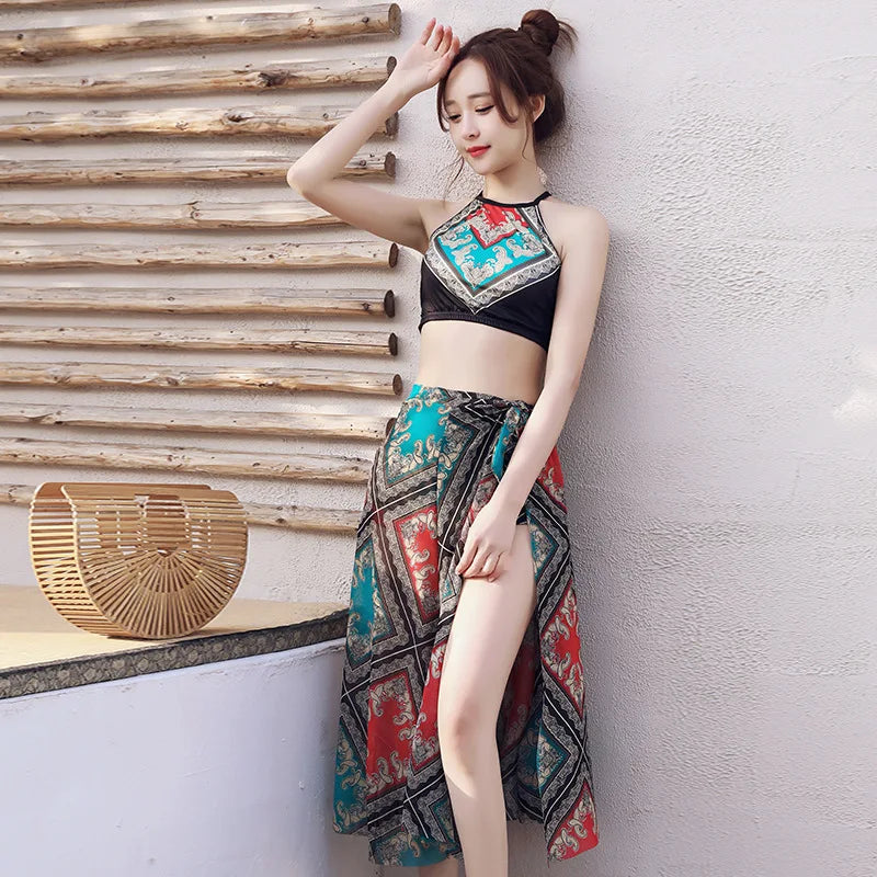 Damen Bikini Set Vintage Boho Print Neckholder Crop Top mit High Waist Shorts Wickel-Pareo Cover Up Strand Badeanzug Bademode