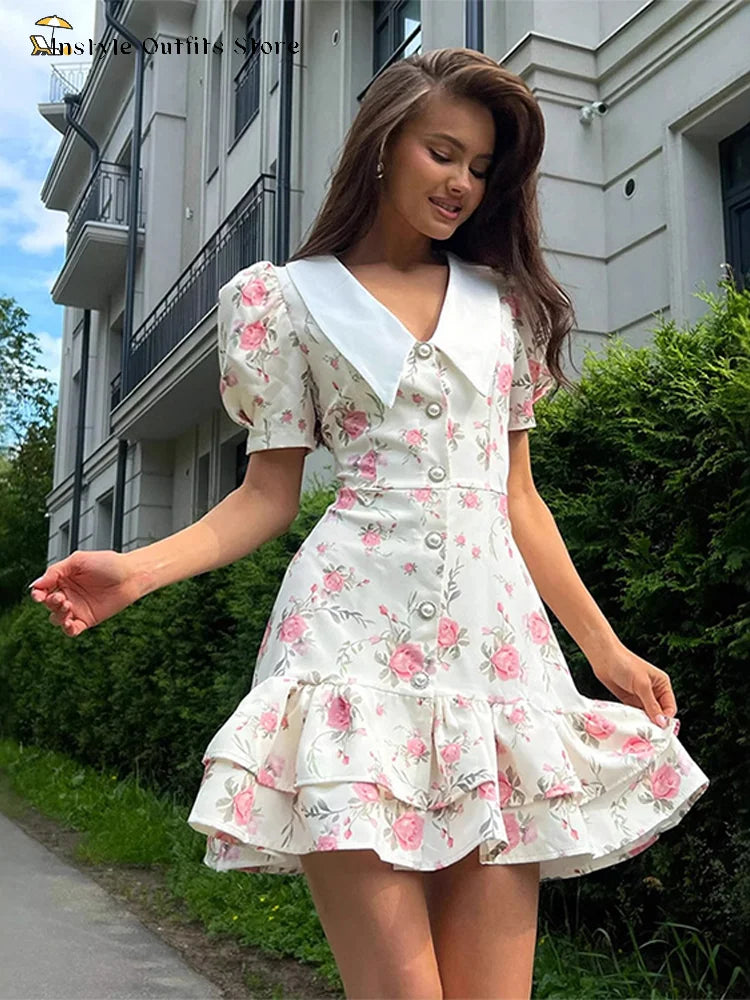 Mini abito con stampa casual Lady Summer Slim bottoni con risvolto Abiti a strati a trapezio Donna Manica corta Abito da vacanza Festa femminile Dolce