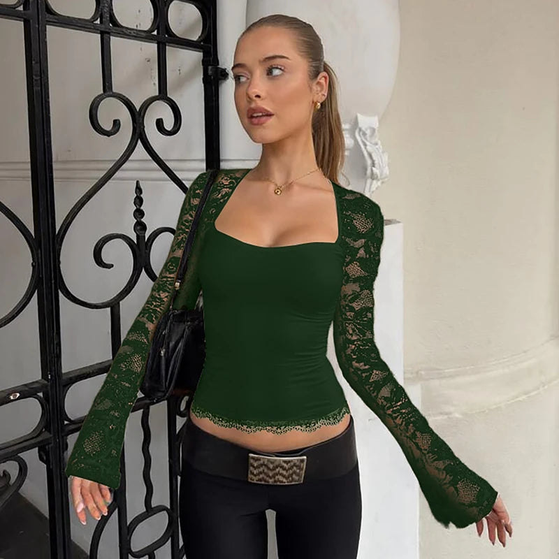 Hugcitar T-shirt corta sexy a maniche lunghe in pizzo patchwork con colletto quadrato moda donna Top velato per le vacanze estive Night Club