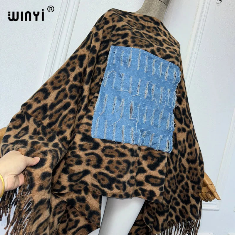WINYI originato leopardo inverno Denim patchwork moda Abito da vacanza poncho top poncho da festa per donna mantello maxi capispalla