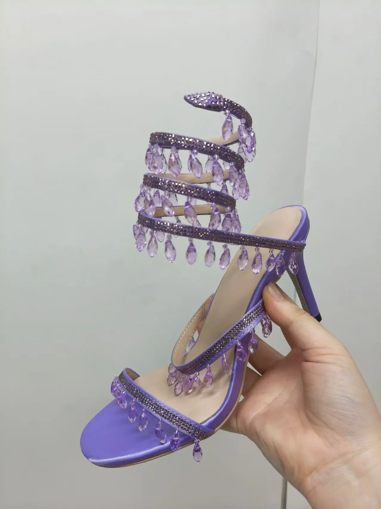 Newest Rhinestone Serpentine Sandals Women Shoes Open Toe Solid Hollow Stiletto Heel Sandal Slip On Summer Party Dress Sexy Shoe