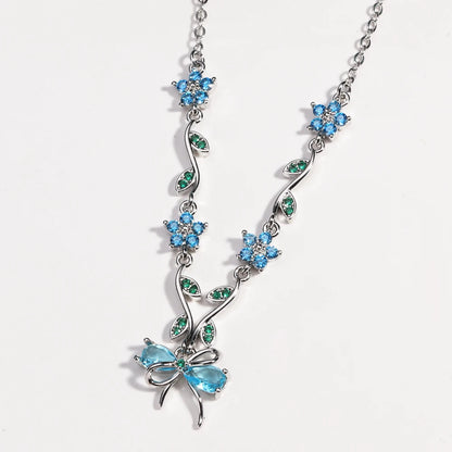Summer New Fashion Exquisite Bow Leaf Flower Necklace For Women's Elegant Pink Zircon Chain Pendant Jewelry Gifts