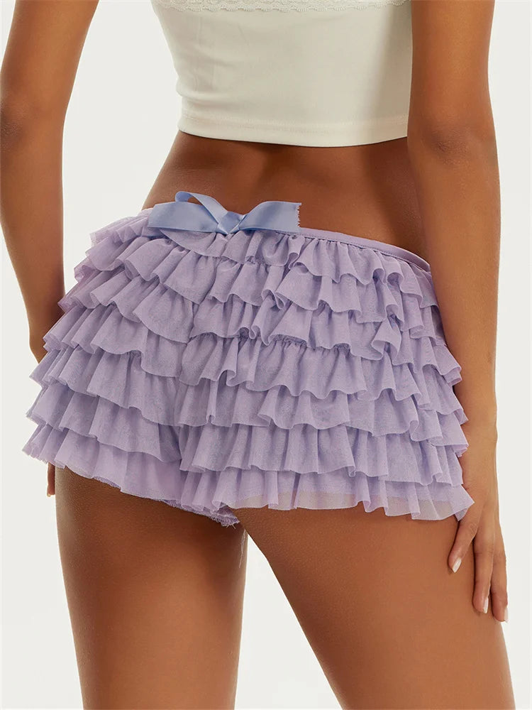 Pantaloncini da donna Pantaloni corti a strati con volant in chiffon tinta unita Vita elastica Bloomers casual Pantaloncini caldi sexy Abbigliamento da casa