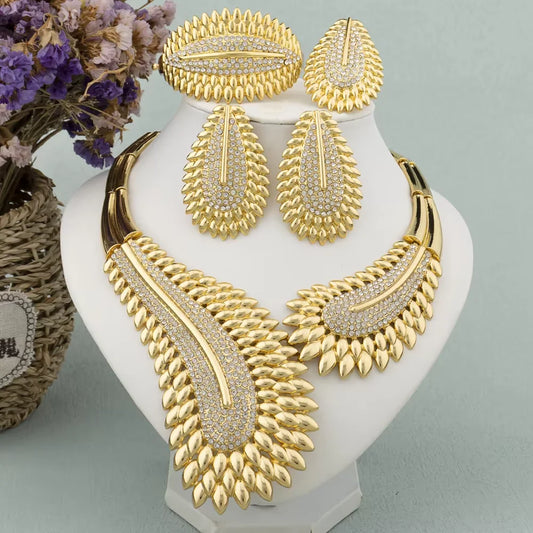 Parure de bijoux tendance et colorée pour femme, boucles d'oreilles et collier en zircon, grand bracelet plaqué or, bague, nouveau style, cadeau de bijoux