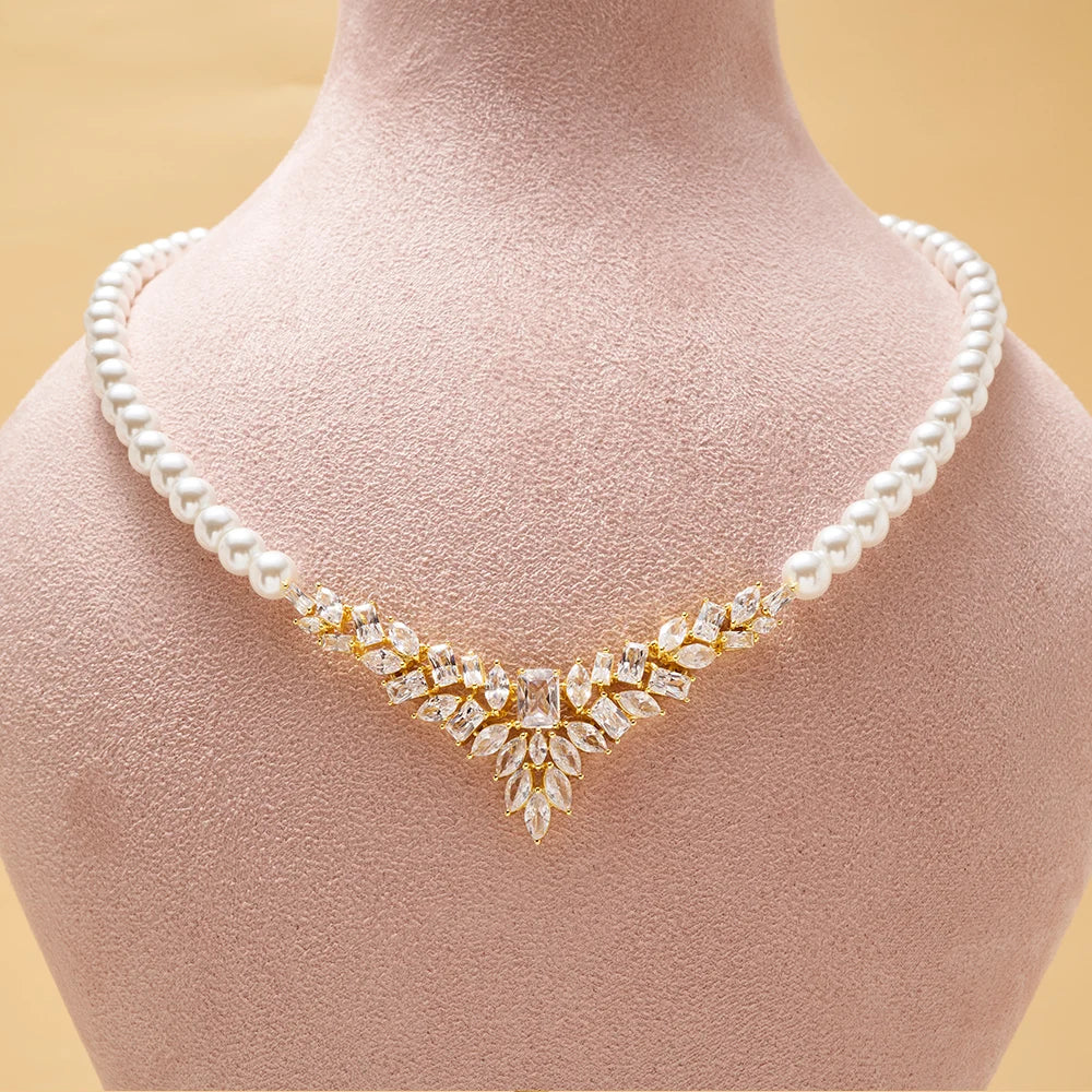 017068 Women Pearl Necklace Sets Cubic Zirconia Jewelry Set Dubai Dinner Suit Party Engagement Handmade Jewelry Accessories