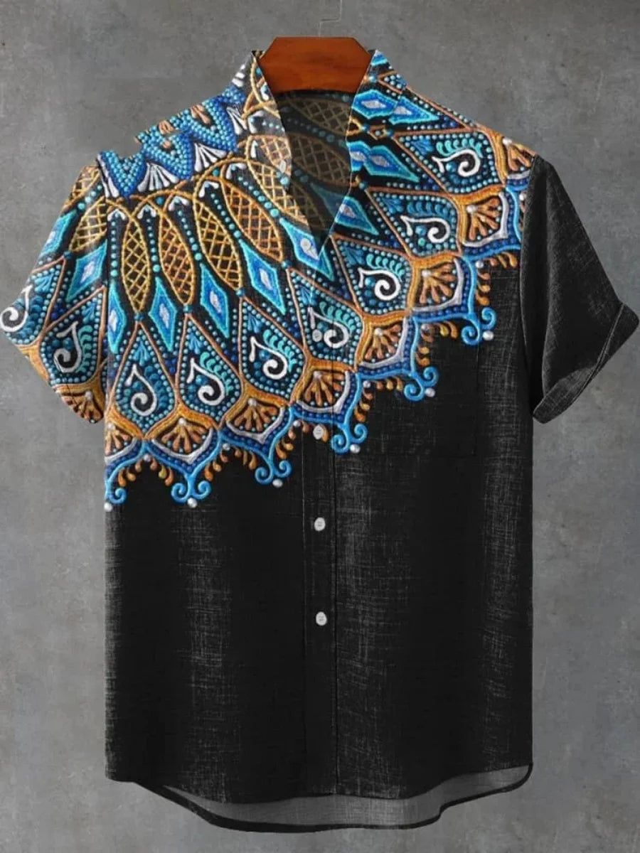 2025 Camicia a maniche corte con motivo floreale mandala da uomo Camicia estiva vintage nuova in lino Manica corta da uomo per il tempo libero Vacanza Streetwea