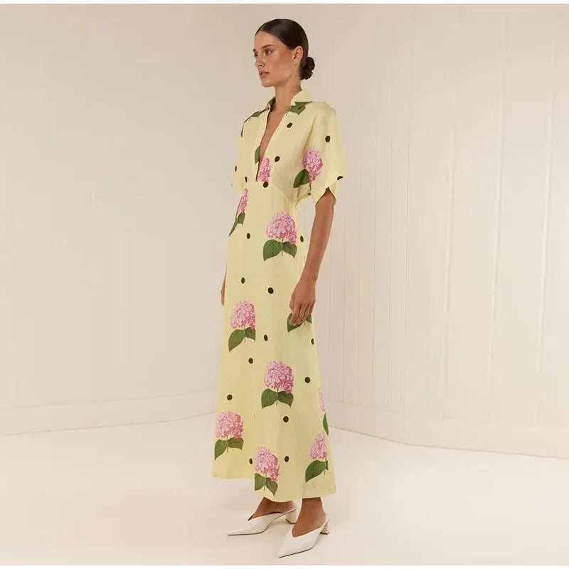 Abito da donna stampato a fiori casual Abito lungo femminile allentato a maniche corte con scollo a V profondo 2025 Primavera Estate Nuova moda Lady Robe