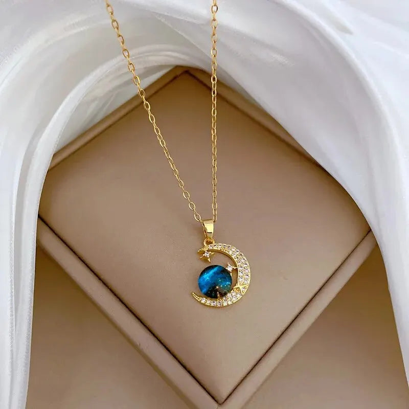 Collana di lusso leggera in acciaio al titanio con serie Star per donna, colore oro, pianeta, luna, astronauta, collane con ciondolo, gioielli, regali