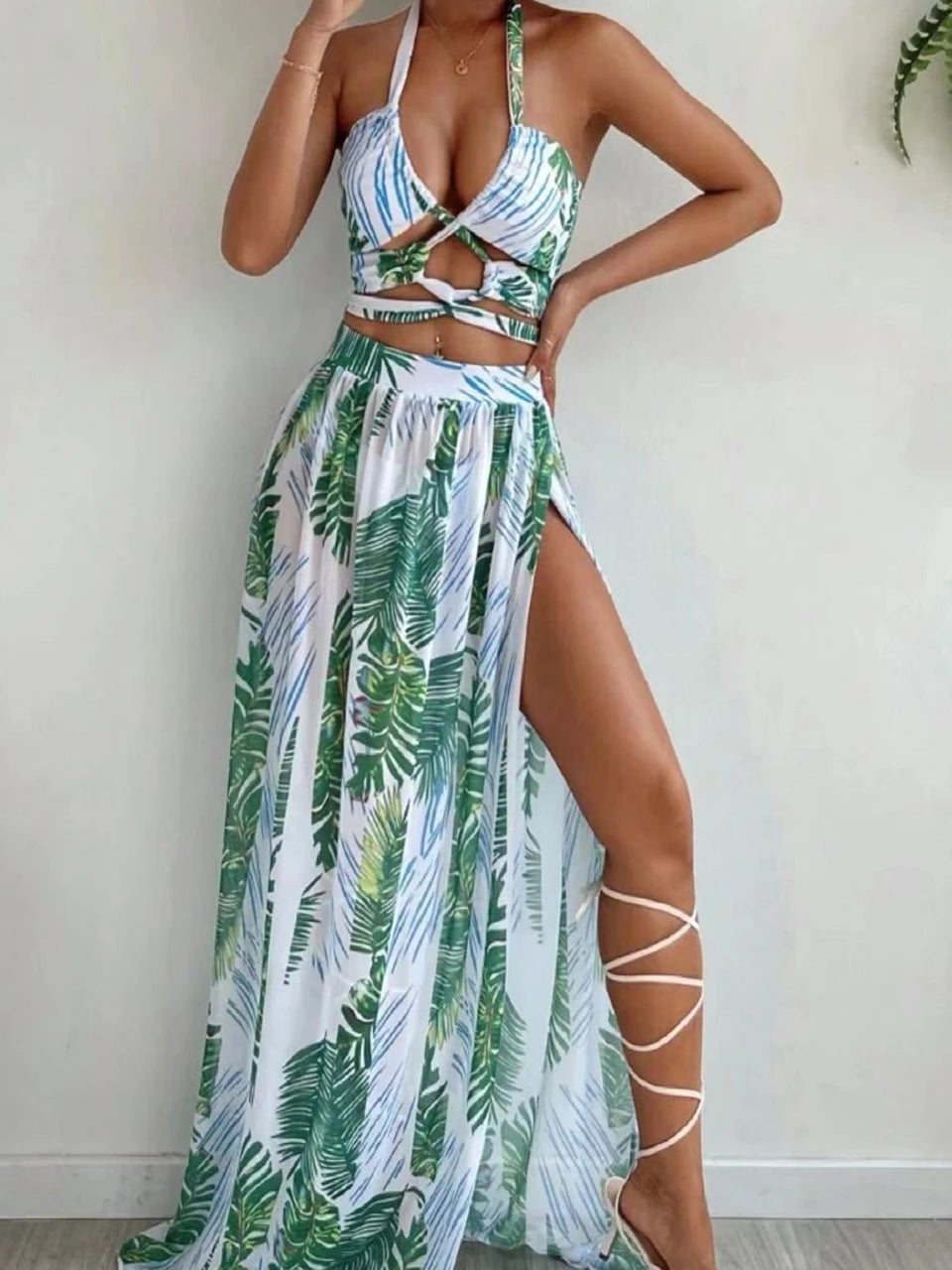 3 Pieces Print Cross Bikini 2025 Women Sexy Halter Swimsuit & Cover Up Beach Dress Swimwear Bathers Bathing Swimming Suit Summer
