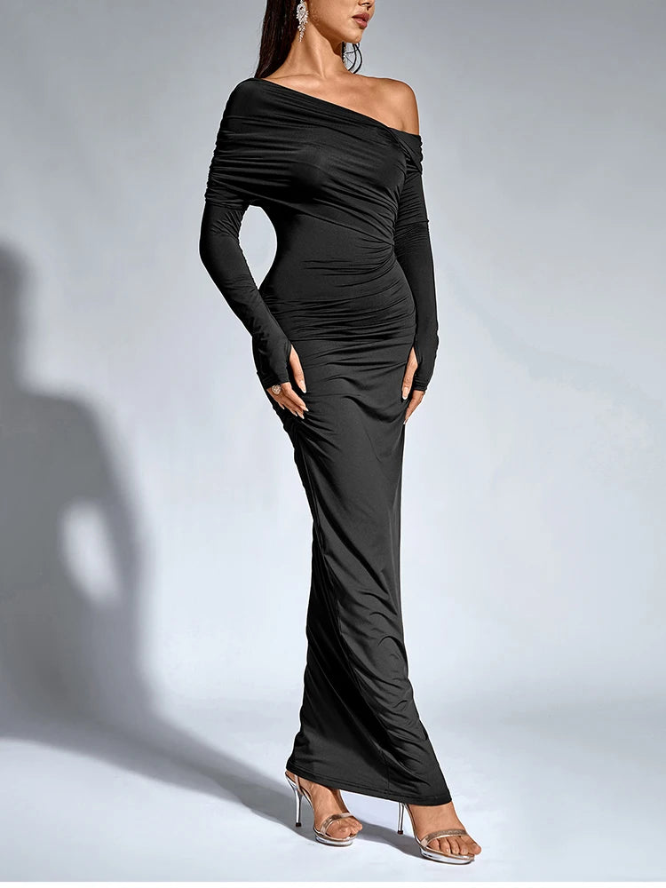NewAsia Abito lungo da donna a maniche lunghe con collo asimmetrico e monospalla increspato aderente Fashion Club Party Maxi abiti Marrone Autunno