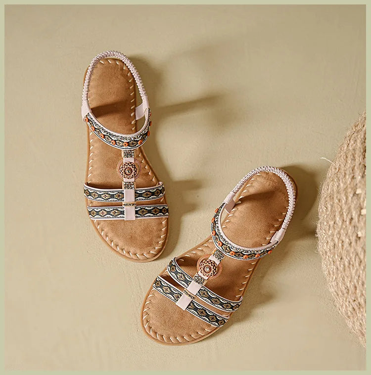 Elegante Damen-Sommersandale im Bohemian-Stil, rutschfest, bequem, für Alltag, Urlaub, flache Strandschuhe