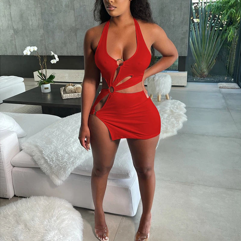 Robes d'été femme 2022, robe moulante sexy mini élastique évidée taille haute, élégante sans manches orange pour club de soirée