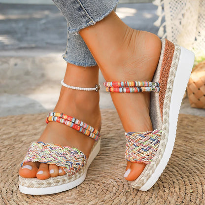Summer Beach Vocation Sandali bohémien Donna Tacchi con zeppa Pantofole con plateau in tessuto colorato Donna Plus Size 43 Sandalias De Mujer