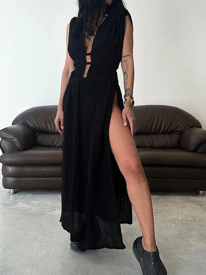 Copricostume Sexy 2026 con Scollo a V e Schiena Aperta, Vestito Lungo da Spiaggia per Donna con Cintura Intrecciata, Tunica Lunga con Spacco, Abito Vintage da Festa A2922