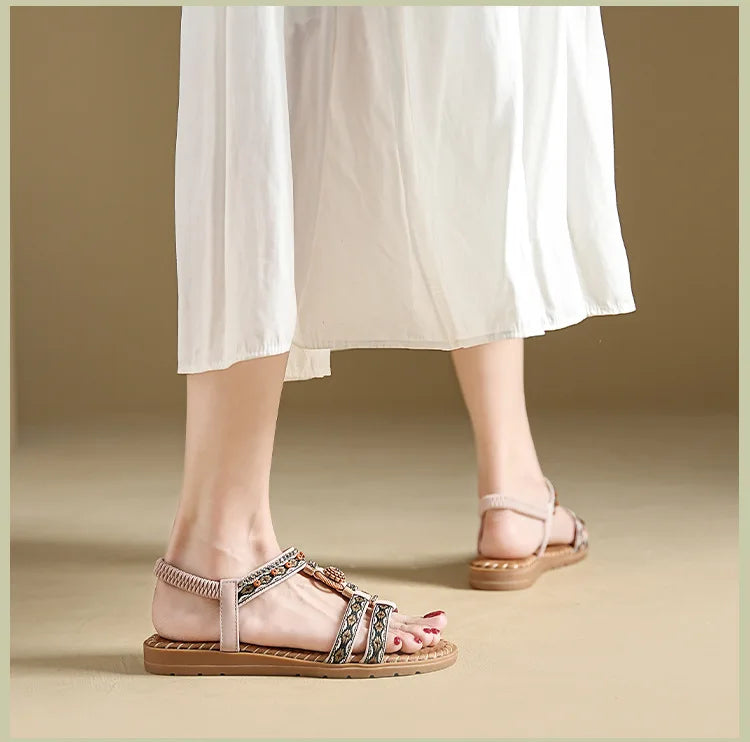 Elegante Damen-Sommersandale im Bohemian-Stil, rutschfest, bequem, für Alltag, Urlaub, flache Strandschuhe
