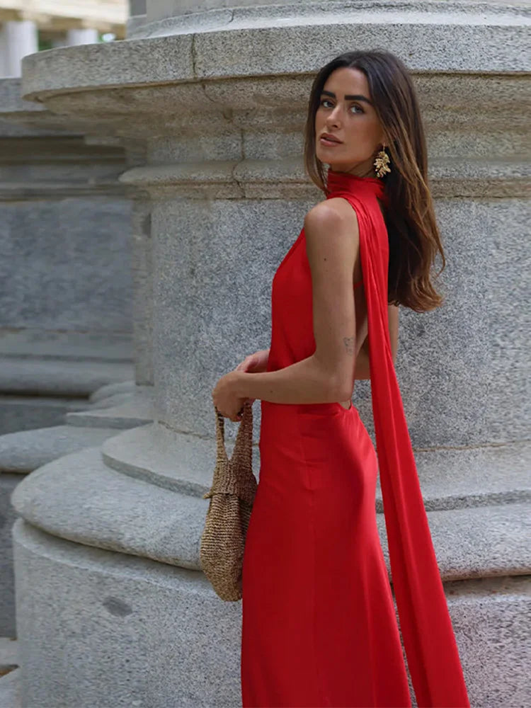 Sciarpa a nastro Halter Abito da donna Spalla inclinata Raso di seta Slim Fit Streamer Grandi abiti sexy senza schienale Abiti lunghi da donna Estate