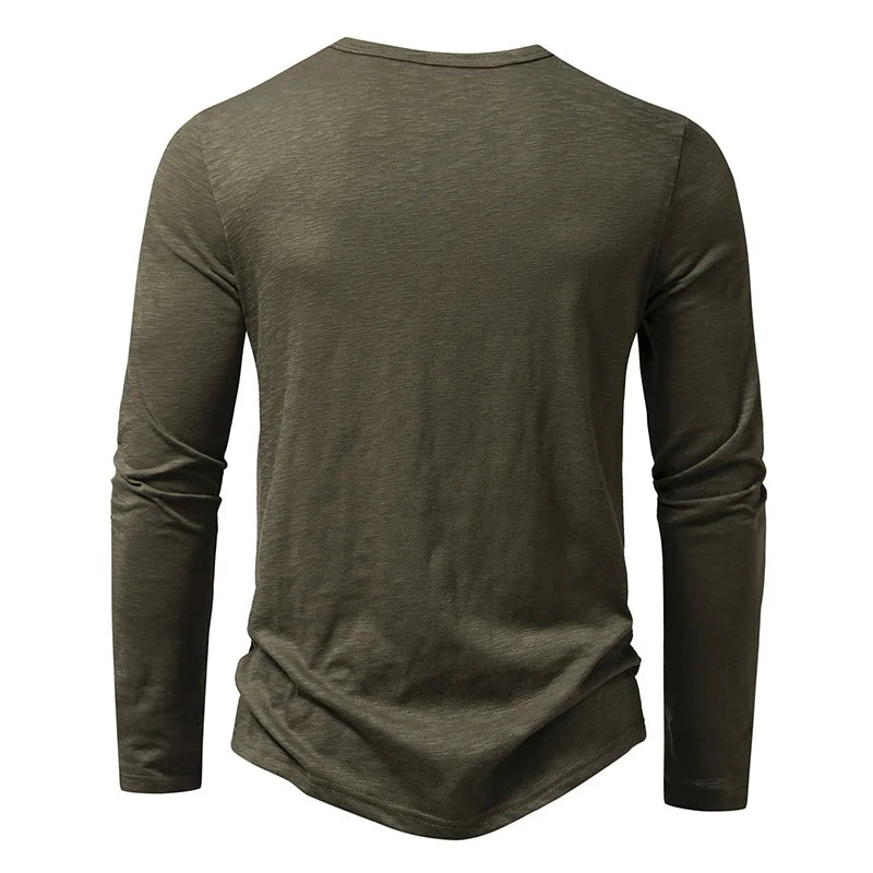 Camicia da uomo in cotone con bottoni e collo a Henley, manica lunga, bottoni casual, tinta unita, magliette alla moda