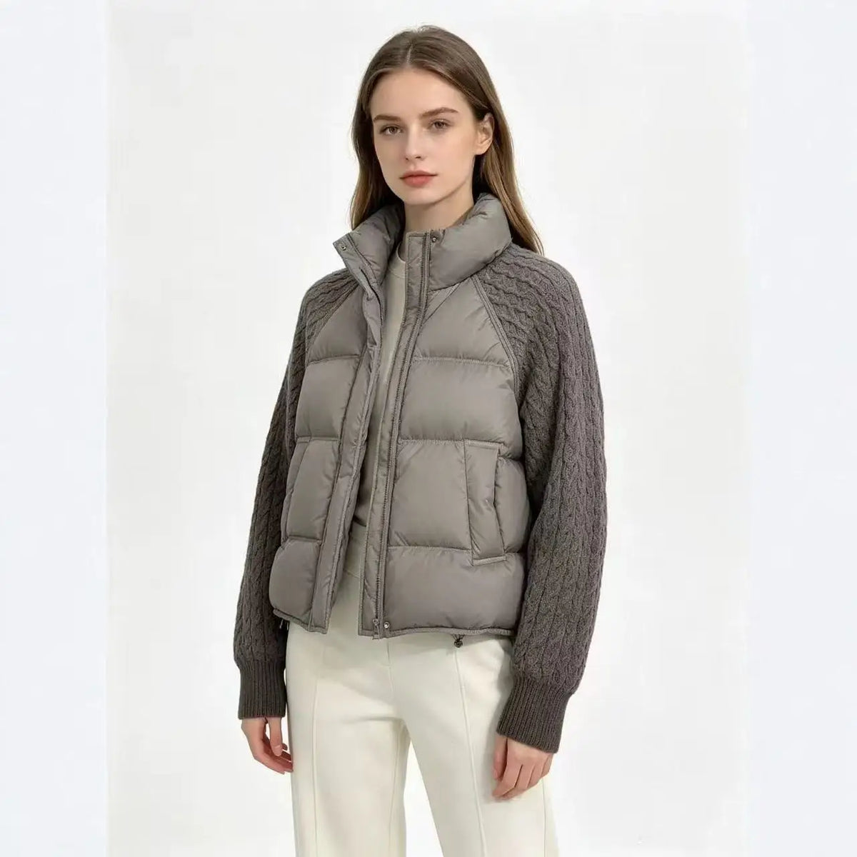 Nuova Giacca Invernale da Donna, Parka con Maniche in Maglia Patchwork, Colletto Alto, Cerniera, Imbottita in Cotone Spesso e Caldo, Cappotto Casual Femminile