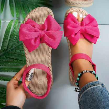 Damen-Sandalen 2025 Neue leichte Sommer-Sandalen, modische lässige Strand-Hausschuhe, flache Outdoor-Schuhe mit Schleife, Plateau-Haussandalen