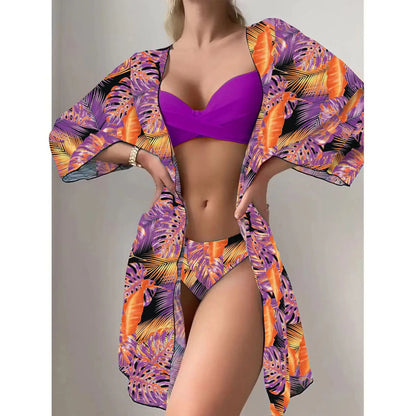 Bohemian Style Print Bikini Sets Women Fashion Sexy Spaghetti Strap Bikini Cardigan Three Piece Sets Beach Vacation Swimsuit