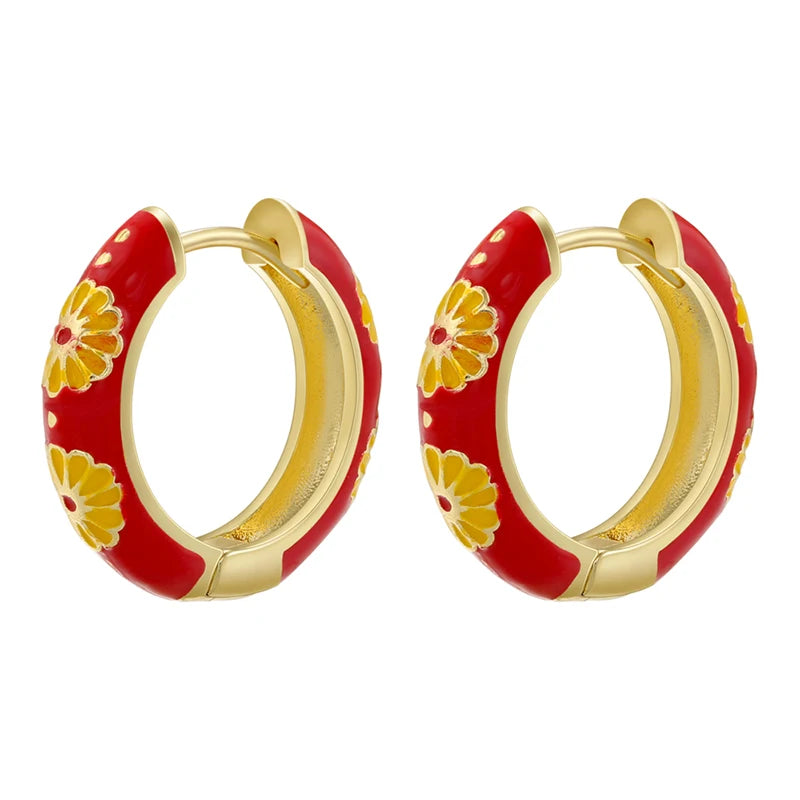 HECHENG, Orecchini a cerchio piccoli con fiori smaltati vintage Dichiarazione geometrica alla moda Cerchio rotondo Huggie Orecchino Gioielli di moda Brincos