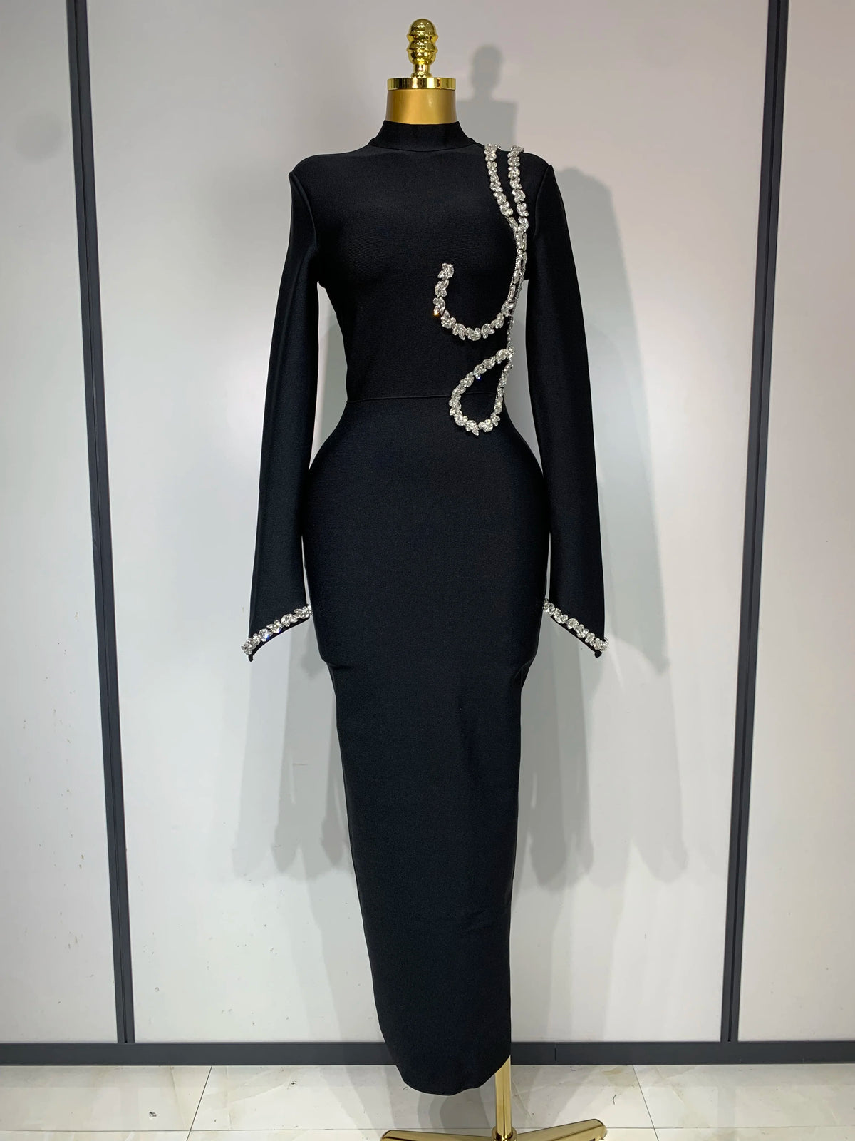 Abito da donna sexy a maniche lunghe con diamanti maxi lungo aderente con fasciatura 2025 Abiti da compleanno di lusso per feste da sera eleganti per celebrità