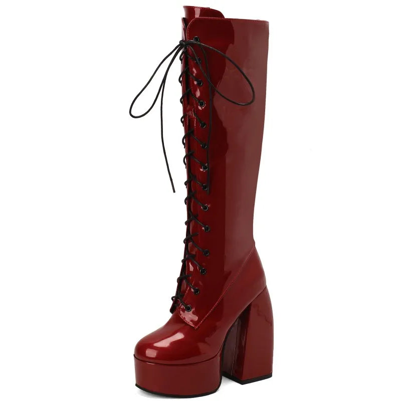 Sexy Lace Up Platform Long Boots Women Thick Gothic Heels High Knee Boot Winter Red Black Green Fetish Party Shoes Large Size 48