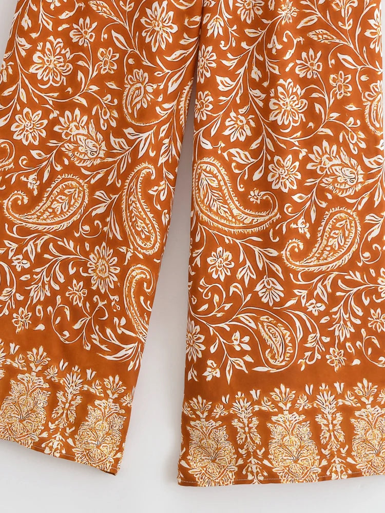 Boho Queens Donna Abiti con stampa floreale marrone Kimono Abito Abiti bohémien Pantaloni a gamba larga 2 pezzi Rayon Boho Set costume da bagno