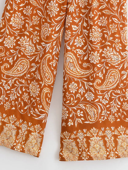 Boho Queens Donna Abiti con stampa floreale marrone Kimono Abito Abiti bohémien Pantaloni a gamba larga 2 pezzi Rayon Boho Set costume da bagno
