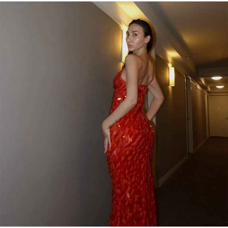 Abito lungo da donna con paillettes Abito lungo con scollo a V Solido Backless Vita alta Abiti senza maniche 2025 Moda Nuova estate Lady Party Robes