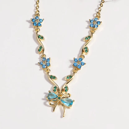 Summer New Fashion Exquisite Bow Leaf Flower Necklace For Women's Elegant Pink Zircon Chain Pendant Jewelry Gifts