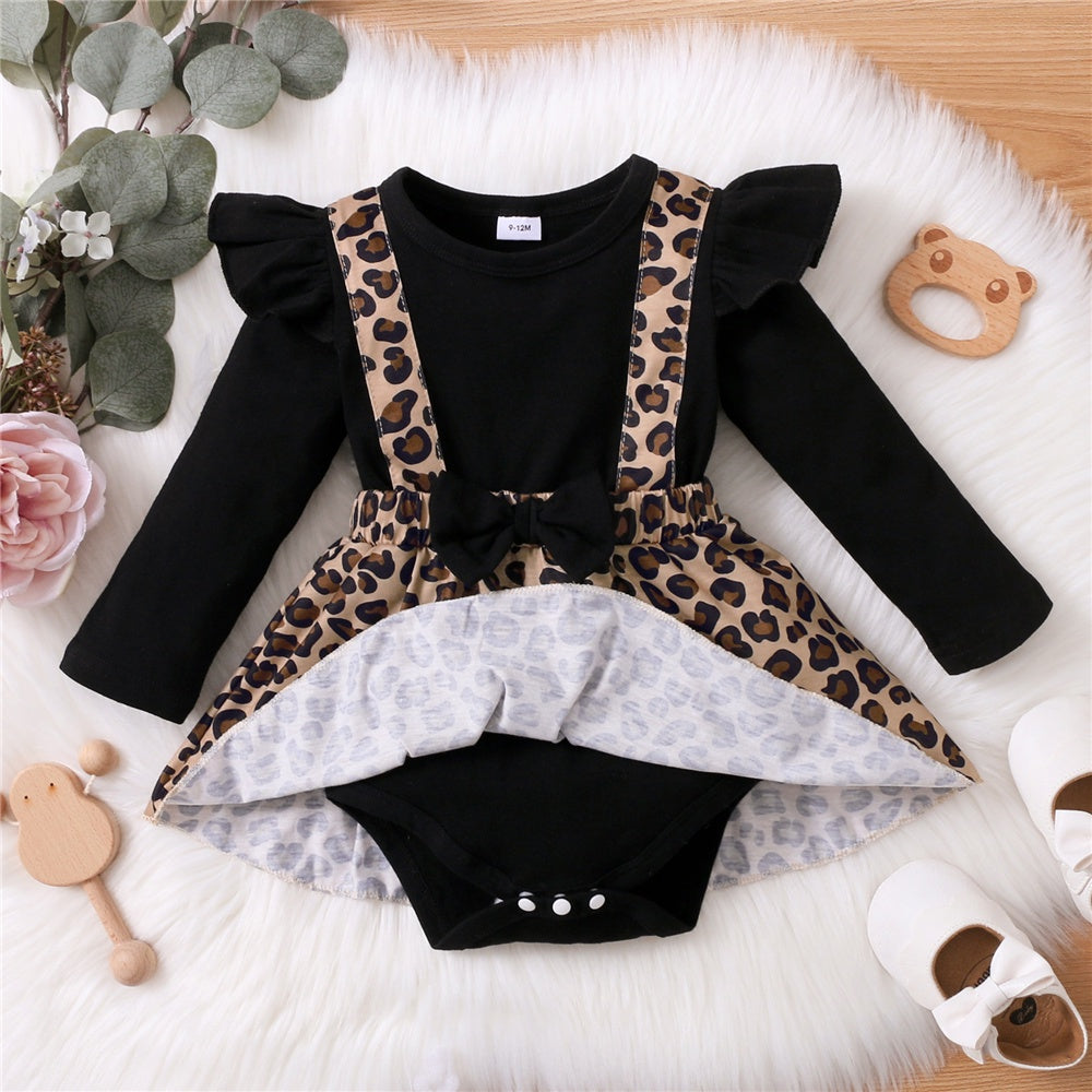 0-18 mesi vestito da neonata con fiocco manica lunga abiti leopardati tutina abbigliamento autunno infantile moda tuta carina
