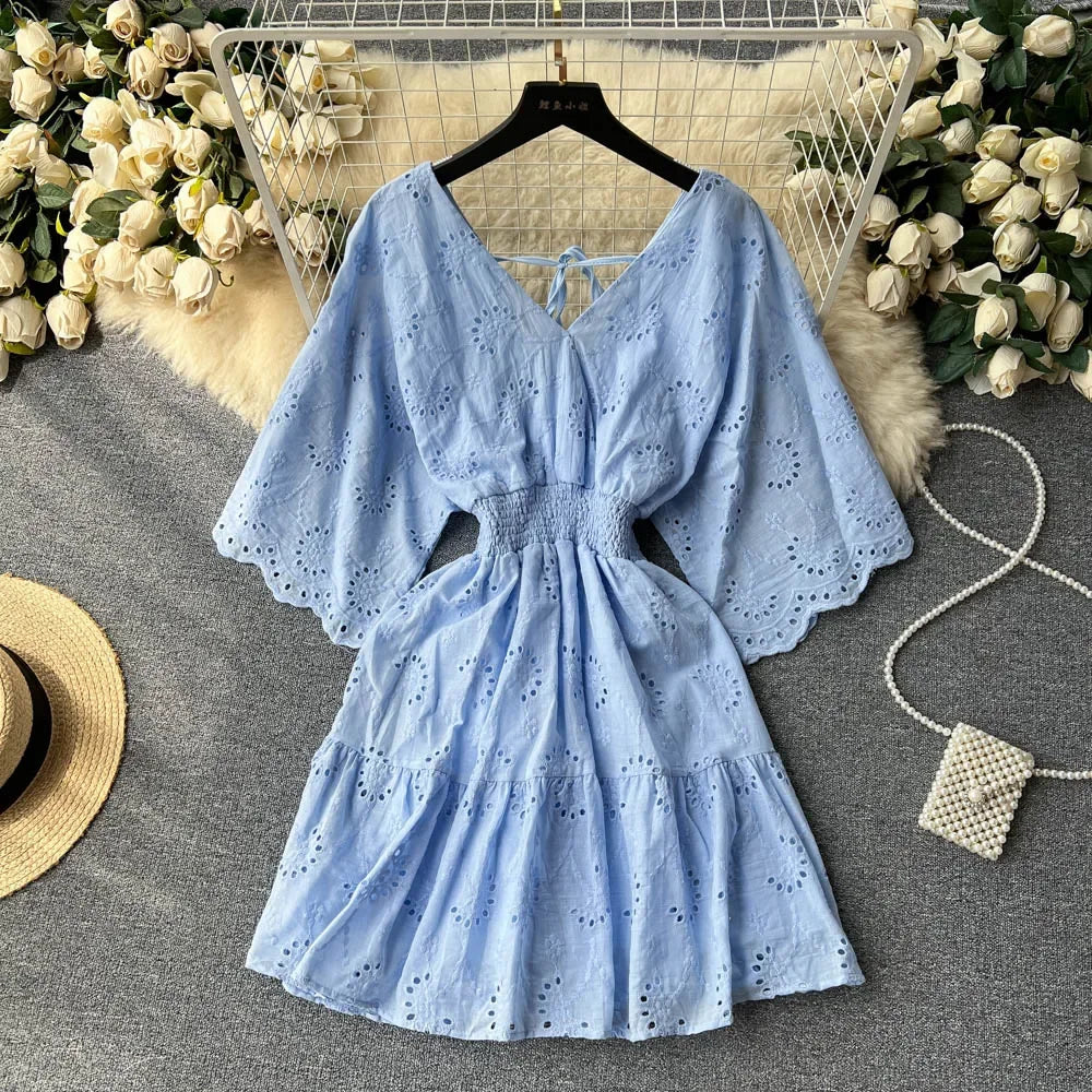 Bianco/Viola/Blu Scollo a V Estate Nuovo Abito ricamato in pizzo Donna Abiti a maniche corte Abiti longuette da spiaggia per feste vintage femminili