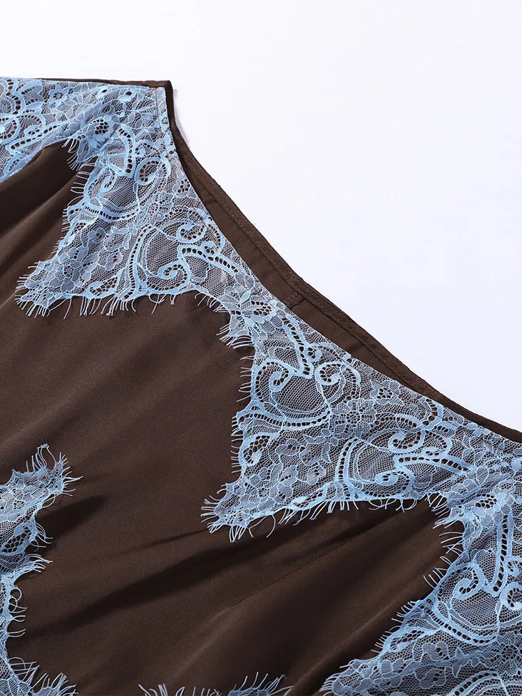 Elegante Abito Lungo da Donna con Pizzo e Patchwork, Vestito Urbano con Collo Asimmetrico e Maniche Corte, Stile Impero, Collezione Estate 2026