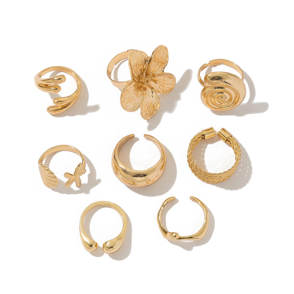 Ingemark 8 Pz/set Vintage Metallo Petalo Fiore Goccia D'acqua Anelli Aperti per Le Donne di Tendenza 2025 Goth Anello Geometrico Regalo Dei Monili Quotidiani