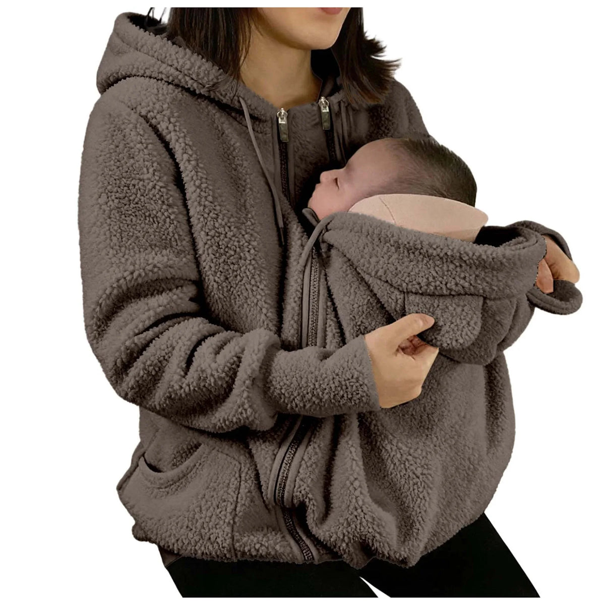 Cappotto con cappuccio in caldo pile 2 in 1 con marsupio Felpa in peluche a maniche lunghe in pelliccia sintetica Giacca con cappuccio per mamma all'aperto Borsa per bambini
