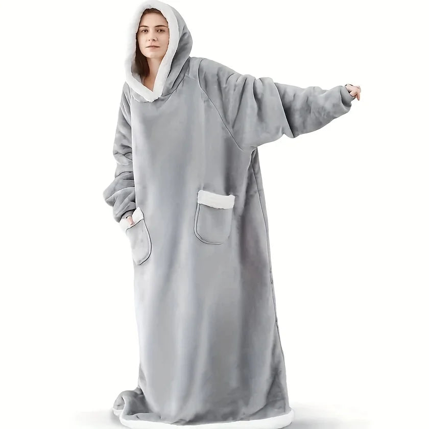 Accappatoio invernale da donna in flanella, extra lungo, con cappuccio e tasche verticali, coperta morbida e foderata in pile, ideale per rilassarsi davanti alla TV.