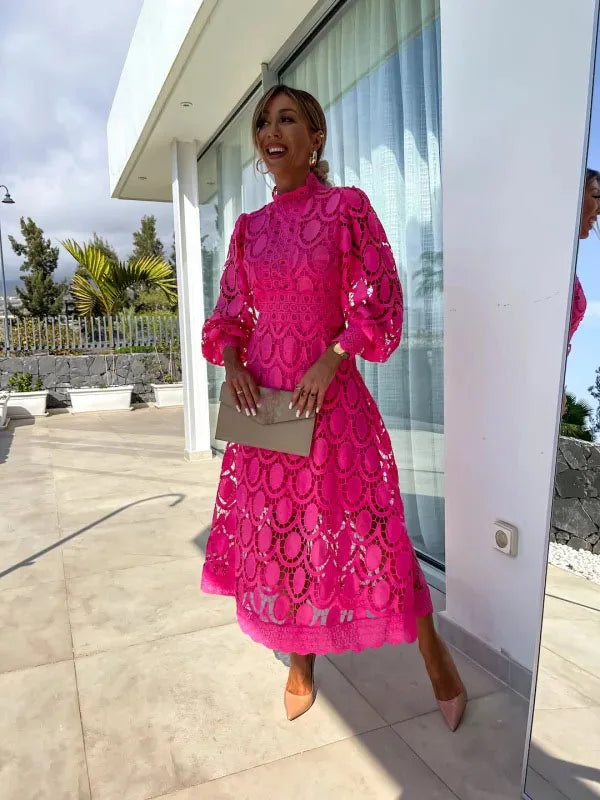 Abito lungo con maniche a sbuffo in pizzo da donna 2025 Primavera elegante nuovi abiti slim a vita alta con colletto alla coreana alla moda