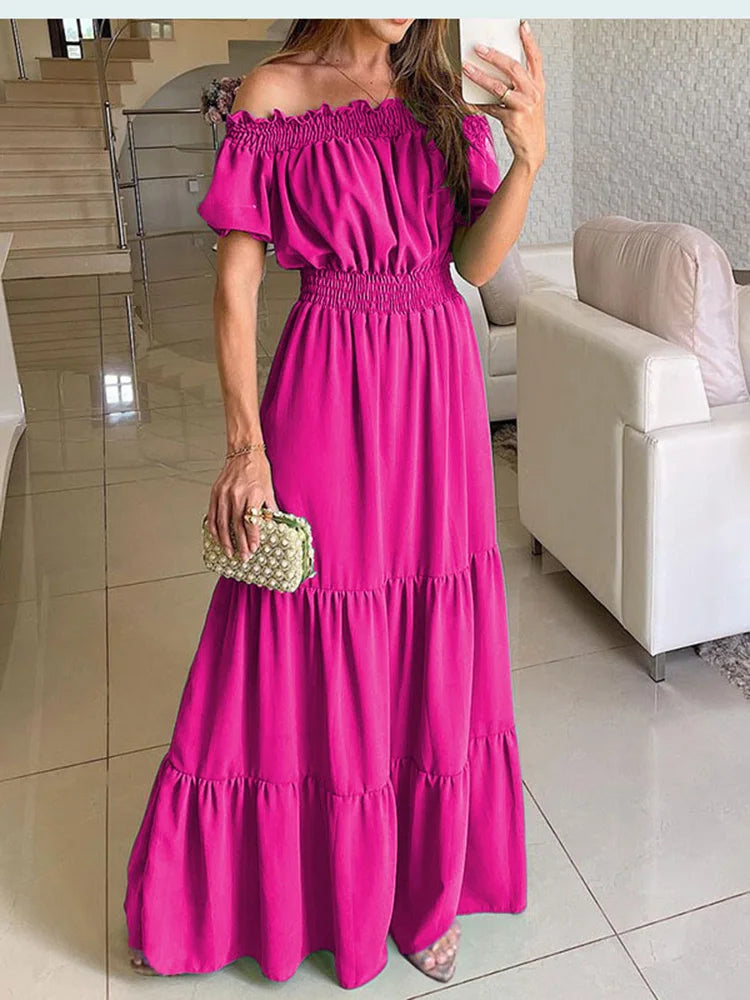2025 Abito estivo Boho solido Moda donna Elegante abito da festa in spiaggia Casual Slash Neck Office Maxi abiti per donna Robe Femme