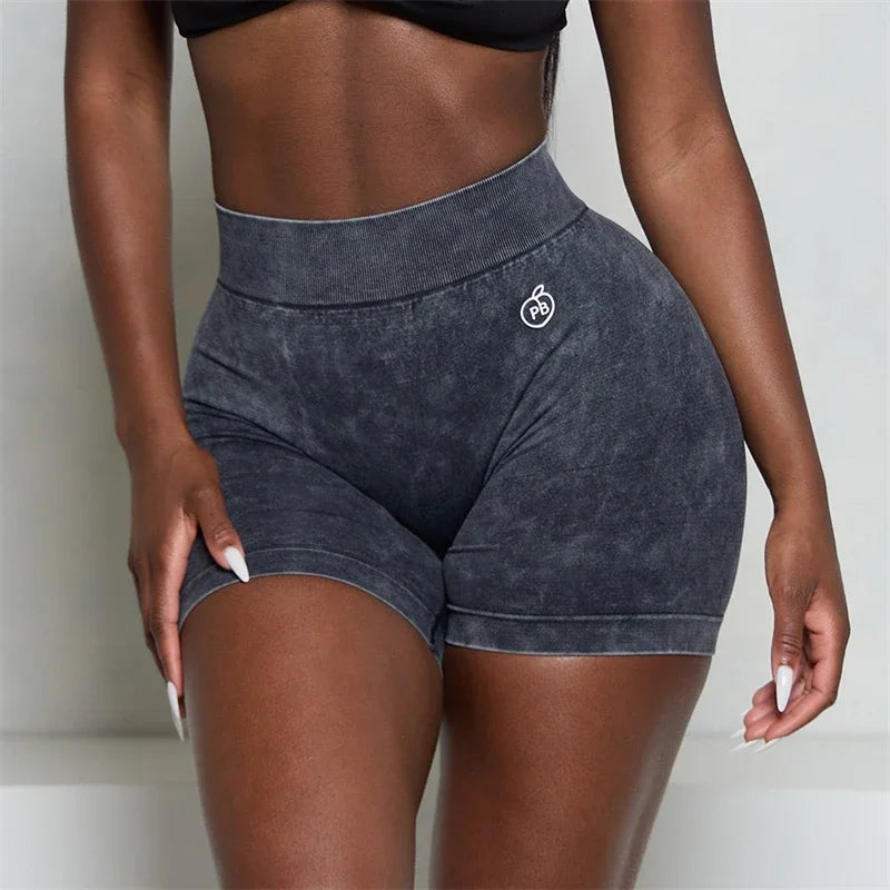 Donna Bum Acid Wash Low V-BACK Scrunch Butt Shorts Donna Pantaloncini sportivi senza cuciture Donna a forma di V Hip Gym Ciclismo Collant elastici