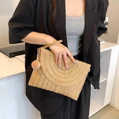 Pochette di paglia da spiaggia estiva borsa a tracolla con ciondolo a sfera carina per le donne borse a tracolla da viaggio borsa da donna borse Casual borsa di vimini