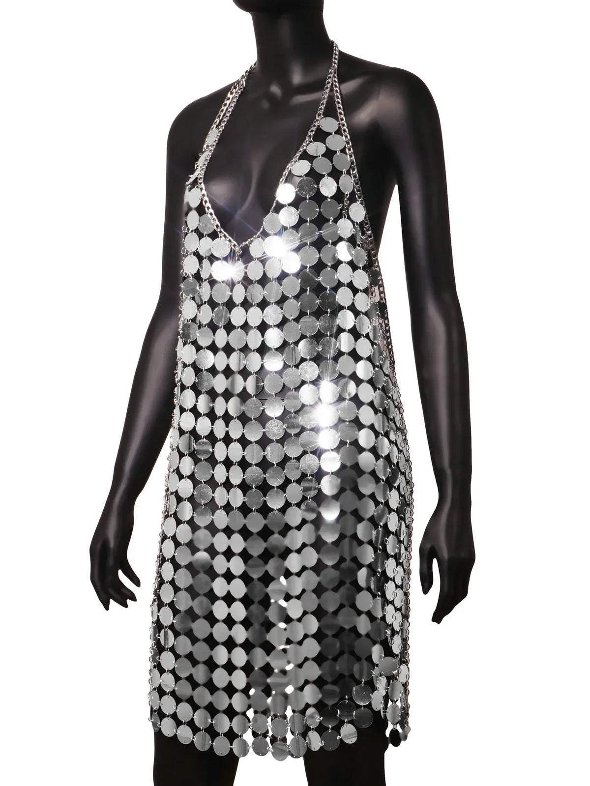 Mini abiti da donna alla moda senza maniche sexy senza schienale glitterato nero oro cotta di maglia con paillettes patchwork abito Diana Silver Disc