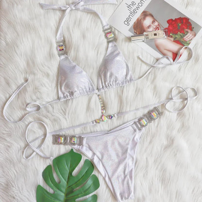 Sexy bikini swimsuit for women, two-piece, shiny with gold foil, crystal diamonds, and straps