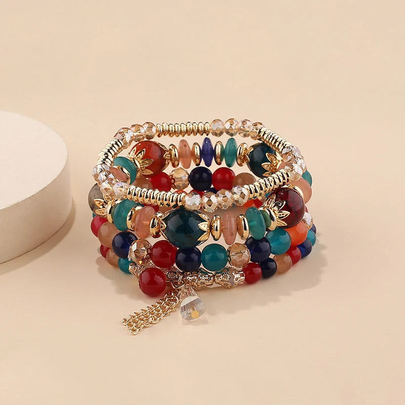 4 pezzi nuovo set di braccialetti con perline con ciondoli e nappe per donna, bracciale a catena con perline di vetro colorato, gioielli bohémien da uomo