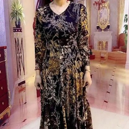 Abito lungo stampato floreale moda casual Abbigliamento femminile Elegante scollo a V Primavera Autunno A-Line Vita Abiti vintage a maniche lunghe