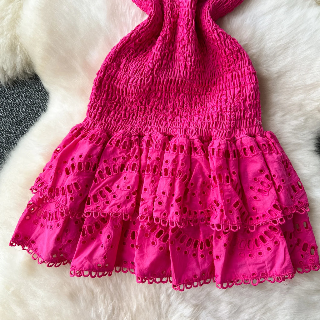 Sexy senza maniche tube top pieghettato cut out ricamo ruffle Dress Chic Vintage Evening Party Women Chic summer sweet dresses