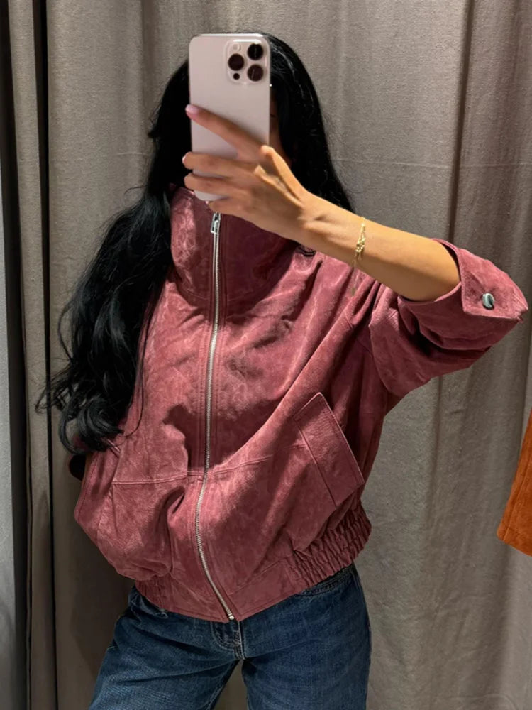 Giacca Bomber da Donna in Finta Pelle Scamosciata, Collo Alto, Chiusura a Zip, Spalle Cadenti, Orlo Elastico, Abbigliamento Casual Autunnale, Cappotto alla Moda 2026